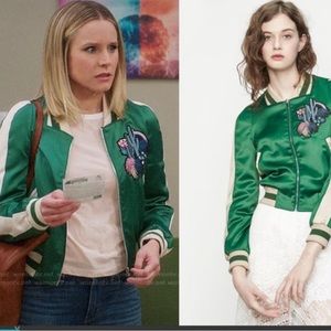 Maje Satin Bomber Varsity Jacket Blue Embroidered 38 M Bacary